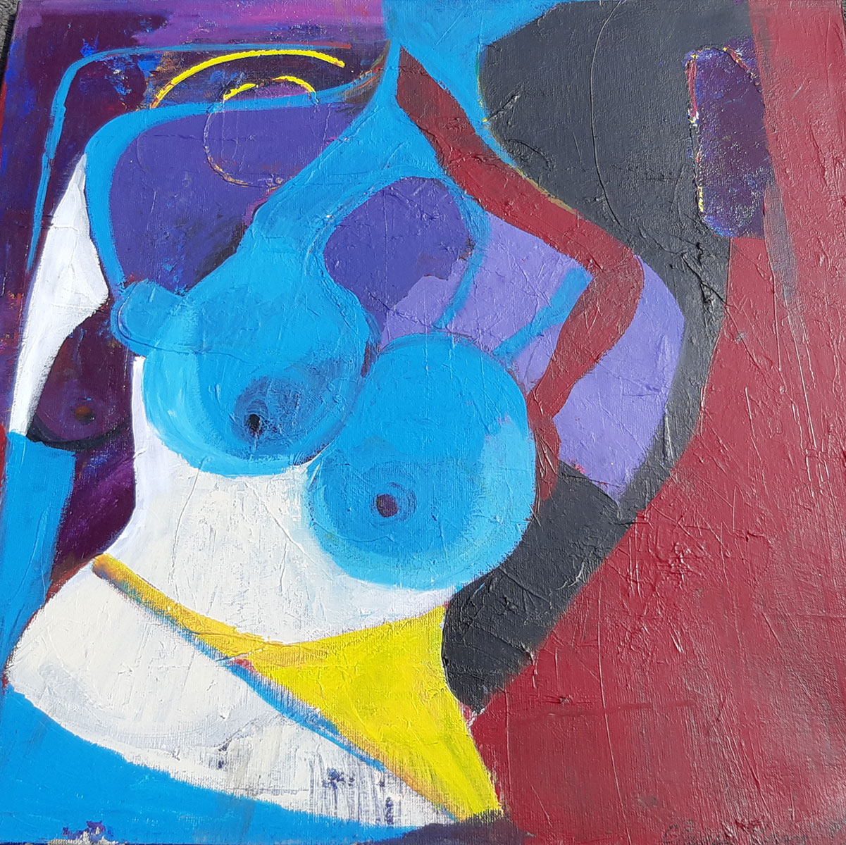 Clarisse femme bleue technique mixte sur toile 70x70cm